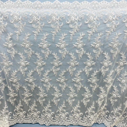 1 Yard Corded Bridal Lace Fabric Embroidered on Polyester Net Mesh 51 inch Width