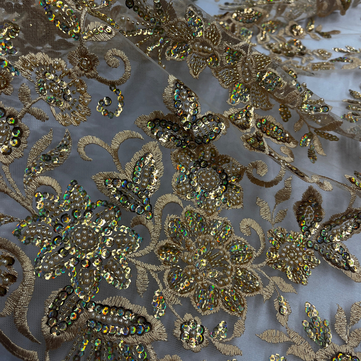 Beaded Sequined Floral Lace Fabric
