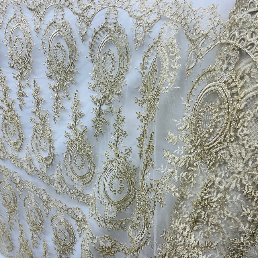 1 Yard Corded Bridal Lace Fabric Embroidered on 100% Polyester Net