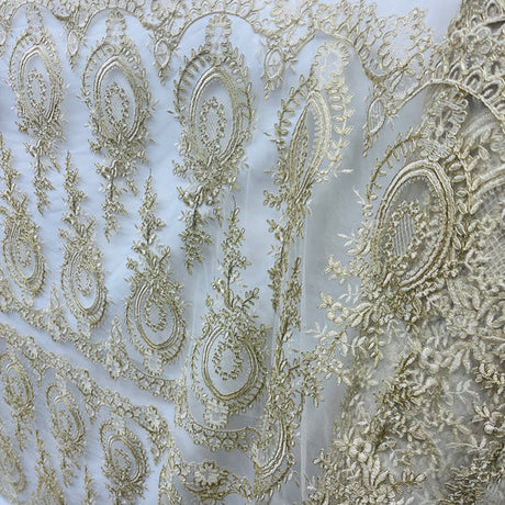 1 Yard Elegant Corded Bridal Lace Fabric Embroidered on Polyester Net Mesh
