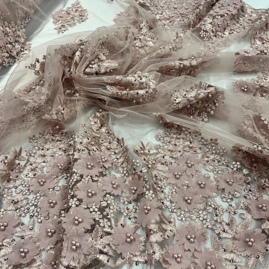 1 Yard Beaded 3D Floral Lace Fabric Embroidered on 100% Polyester Net Mesh