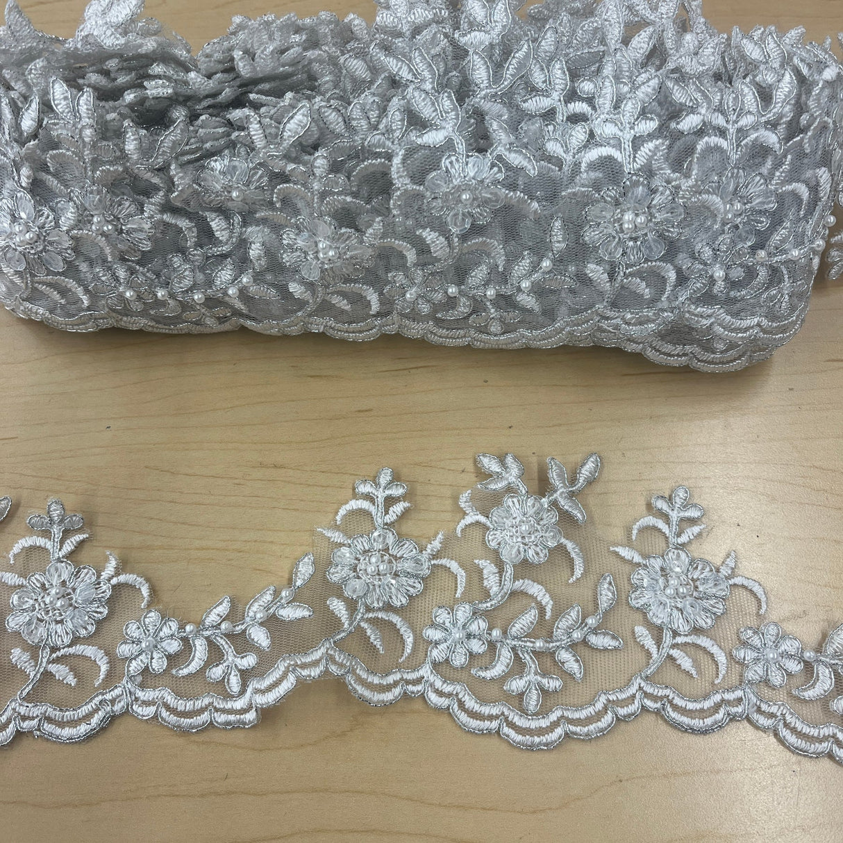 1 Yard Beaded Corded Lace Trim 4" Wide White with Silver Embroidered on 100% Polyester