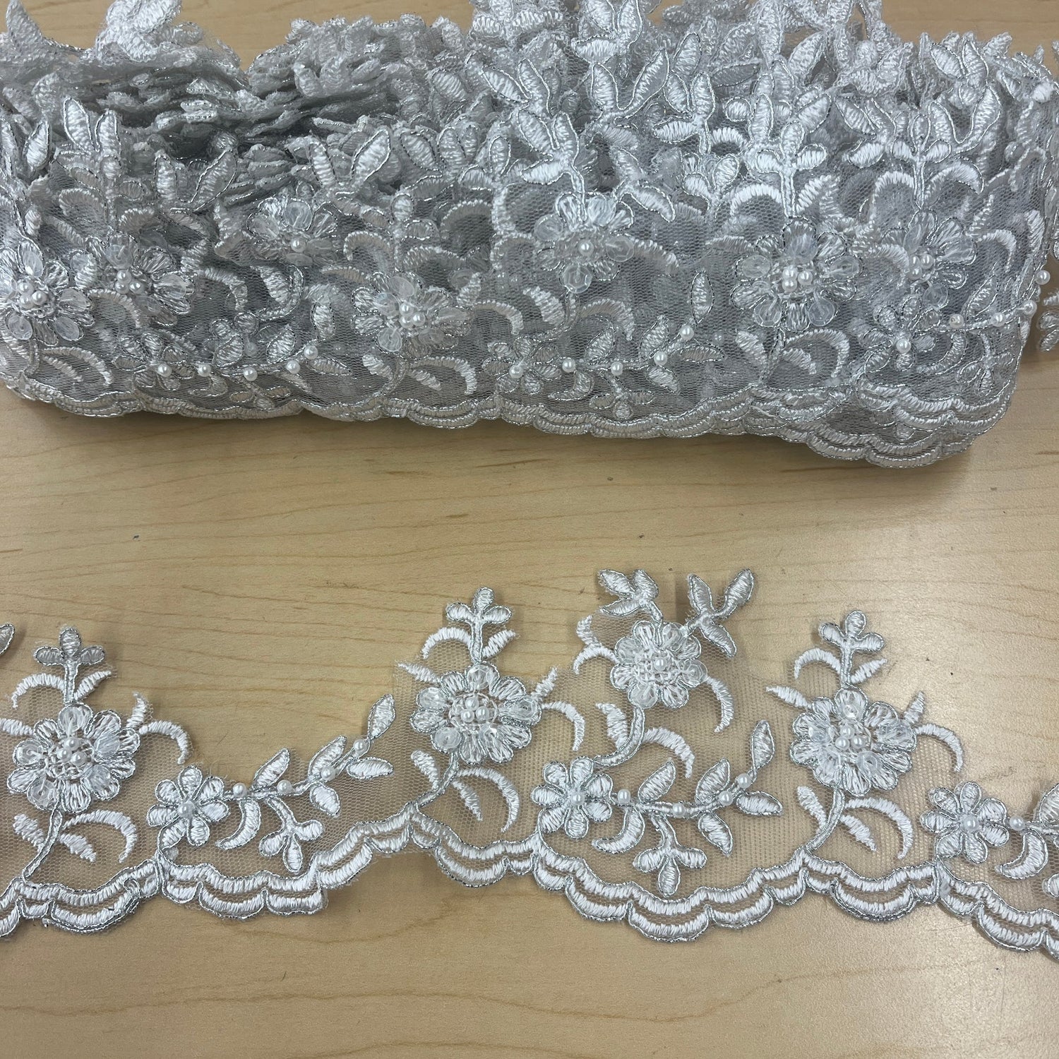 1 Yard Beaded Corded Lace Trim 4" Wide White with Silver Embroidered on 100% Polyester