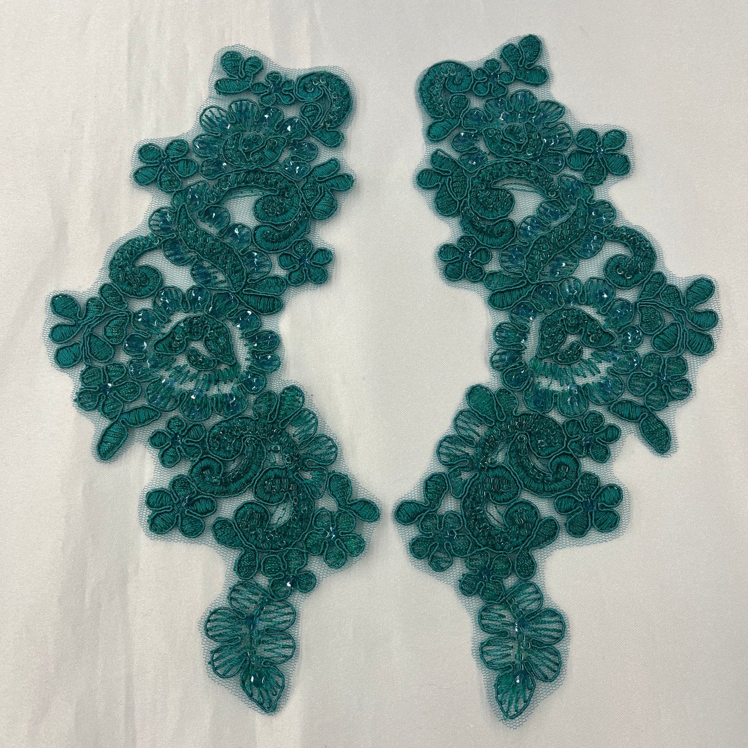 1 Pair 9" x 3" Each Side Beaded & Corded Floral Lace Applique Organza