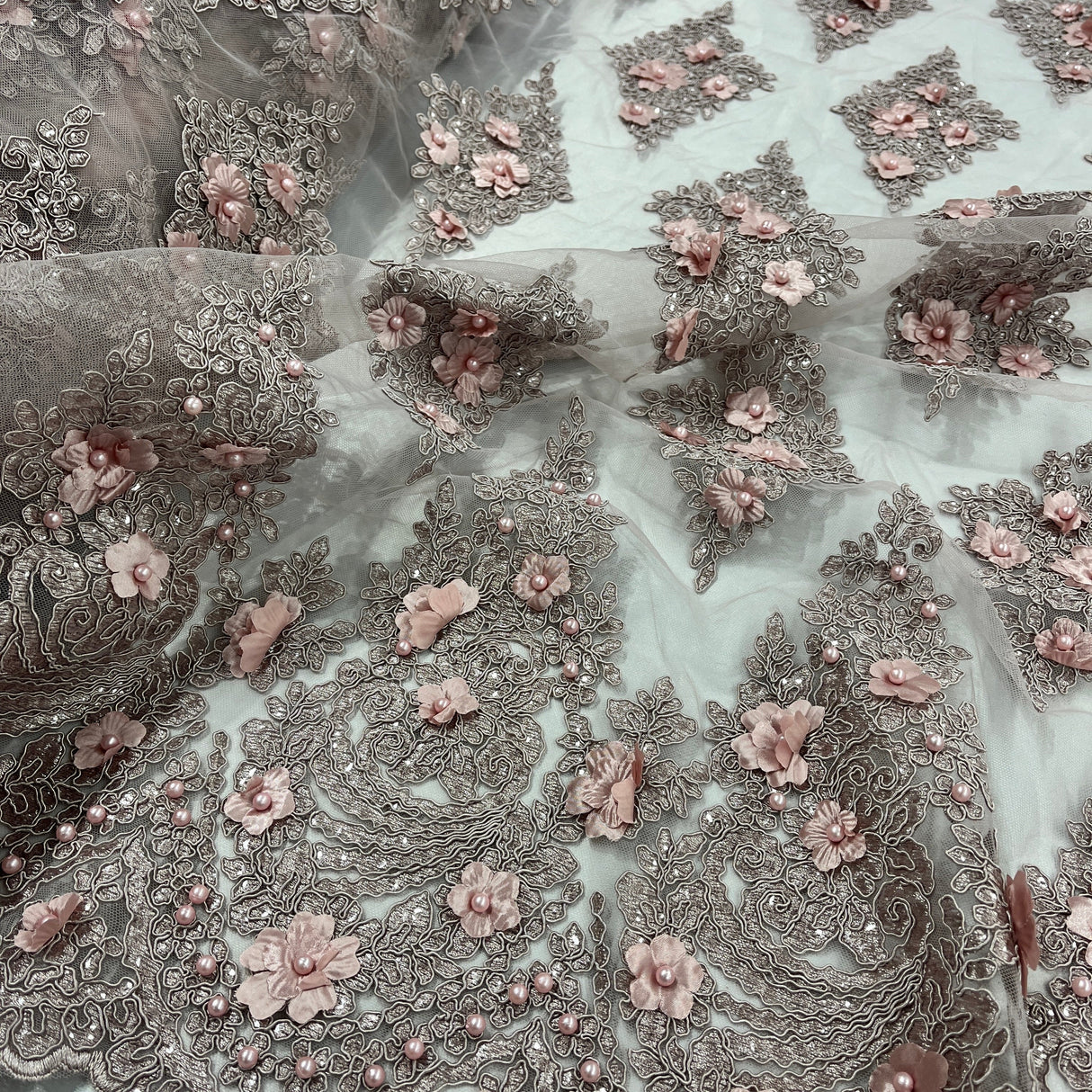 Beaded 3D Floral Lace Mesh