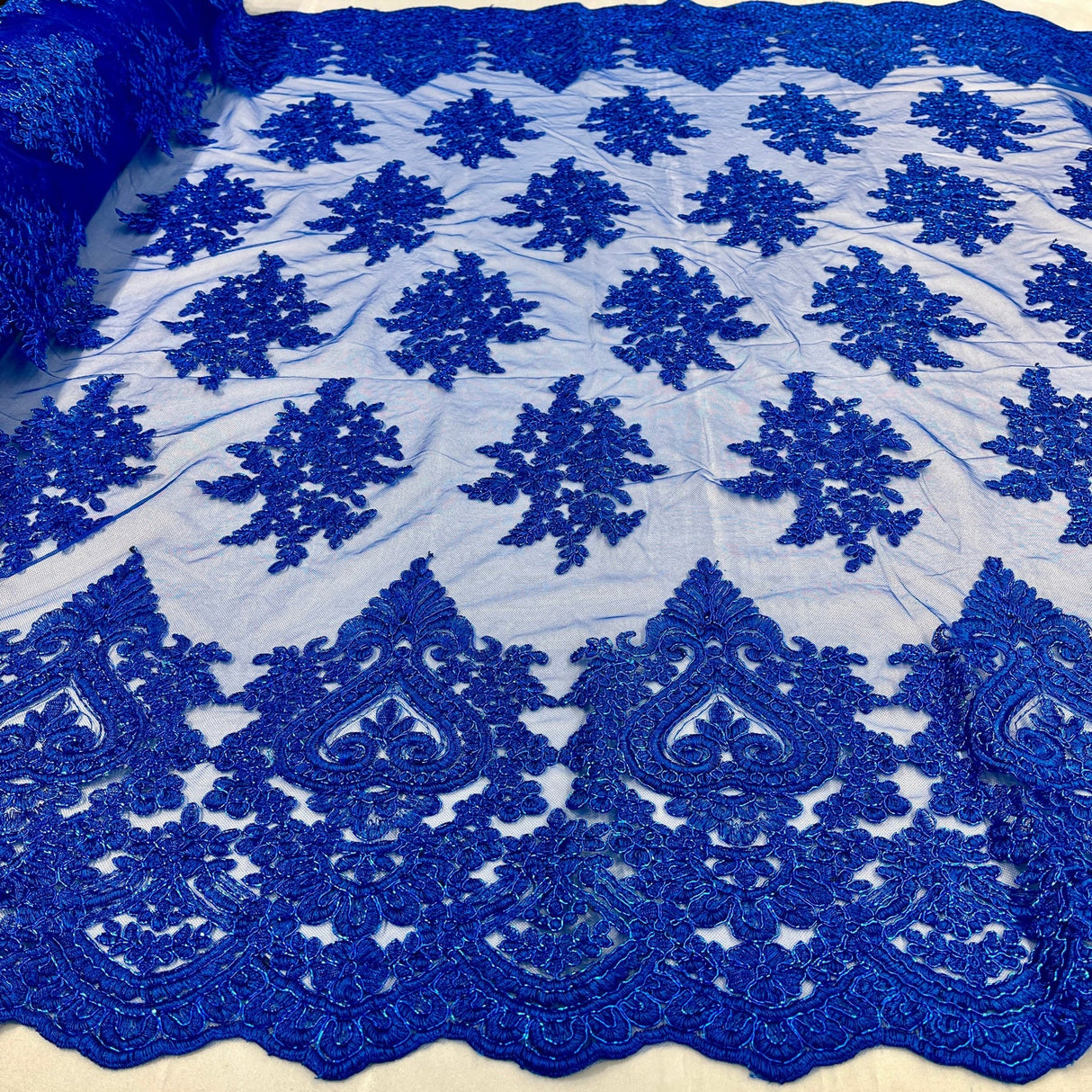 1 Yard Royal Blue Corded Lace Fabric Embroidered on Polyester Net Mesh 52 Inch Width