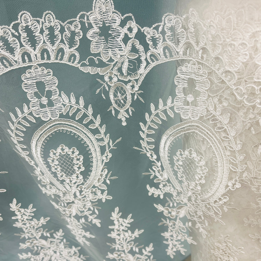1 Yard Corded Bridal Lace Fabric Embroidered on 100% Polyester Net