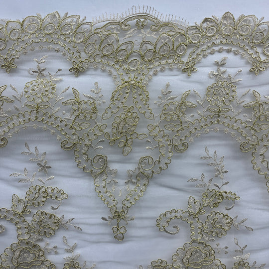 1 Yard Corded Bridal Lace Fabric Embroidered on Polyester Net Mesh 52 inch Width