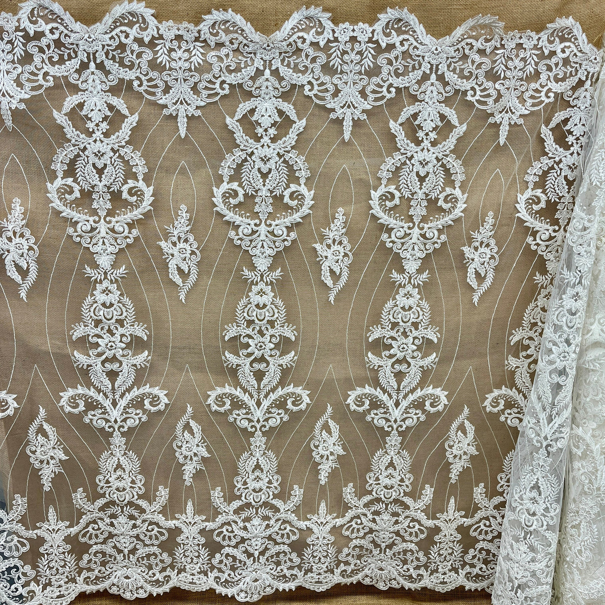 Beaded & Corded Bridal Lace Fabric - Dark Ivory, Embroidered, 52" Wide (1 Yard)