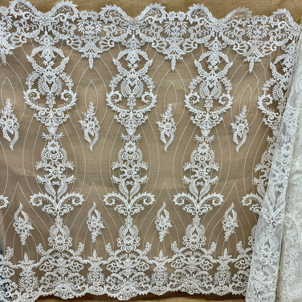 1 Yard Beaded & Corded Bridal Lace Fabric Embroidered on Polyester Net Mesh 52" Wide