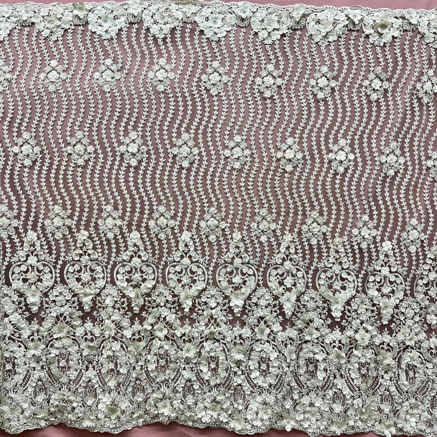 1 Yard Beaded 3D Floral Lace Fabric Embroidered on 100% Polyester Net Mesh | Lace USA - GD-363 - Ivory - 48" Width