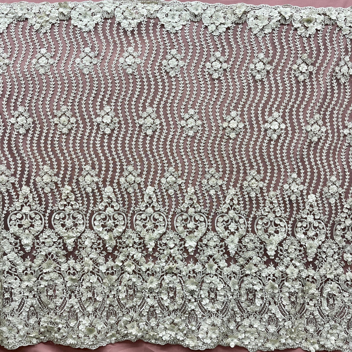 1 Yard Black Beaded 3D Floral Lace Fabric, Embroidered Mesh on Polyester, 48" Wide