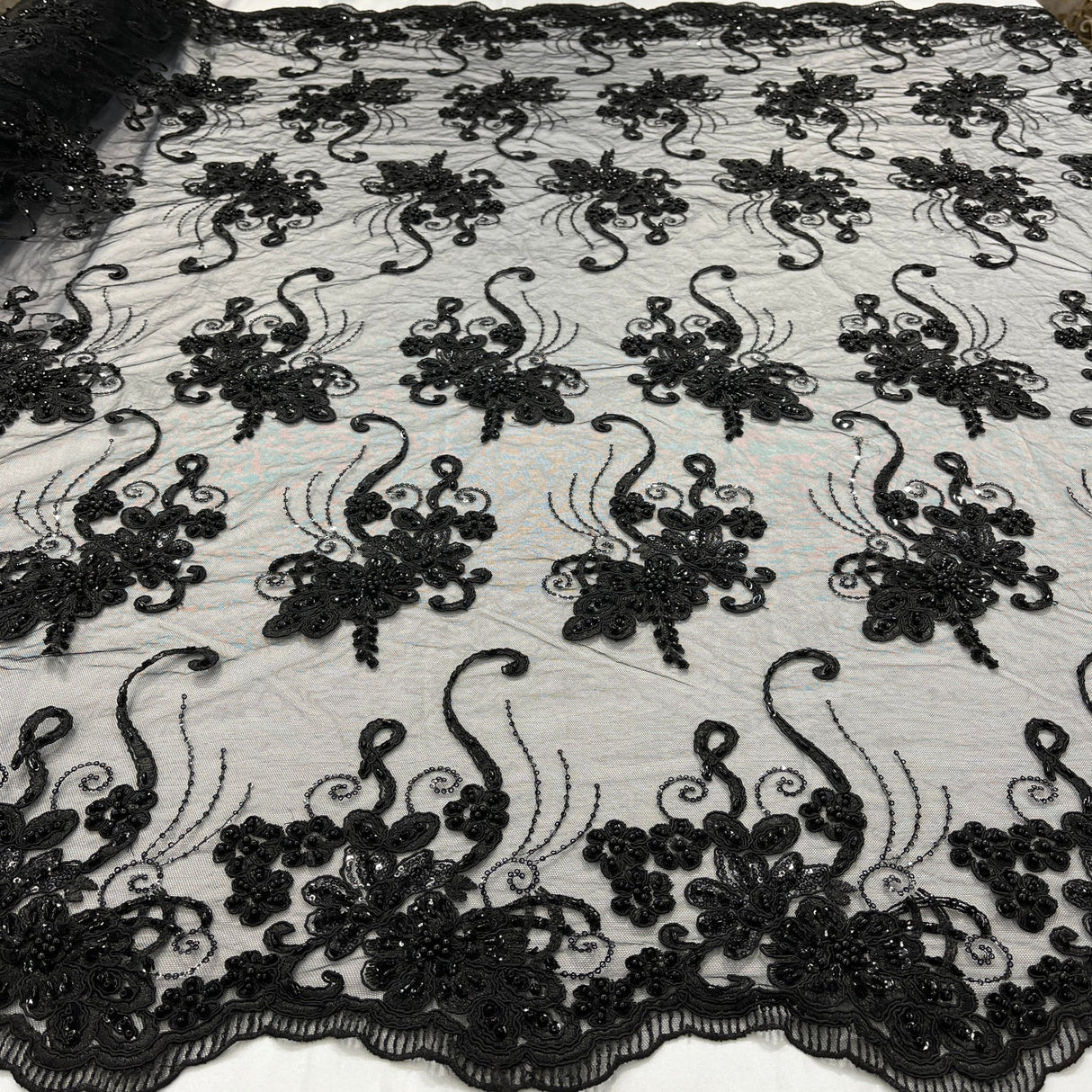 1 Yard Luxury Beaded and Corded Lace Fabric on Soft Polyester Net Mesh 54" Width