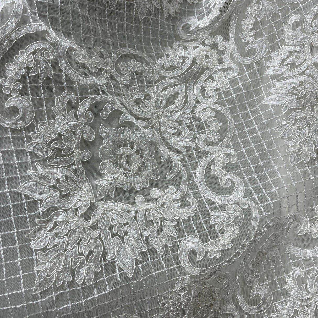 1 Yard Couture Beaded & Corded Bridal Lace with Sequins & Pearls Embroidered on Polyester Net Mesh, 54” Wide