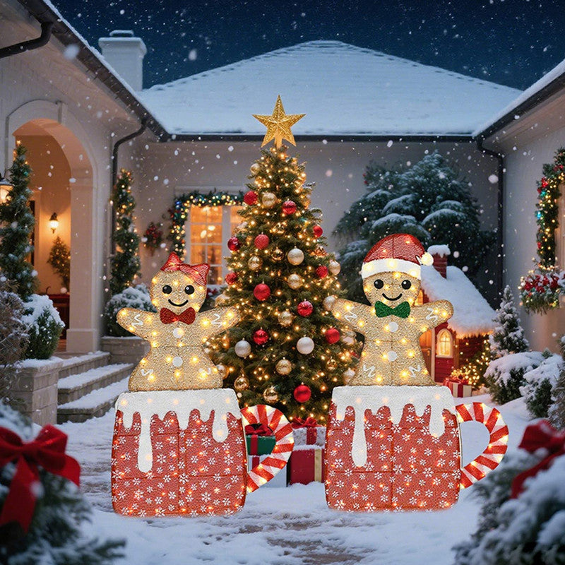 40 Inch & 42 Inch Height Set of 2 Mug Gingerbread Men with Box Christmas Decoration with 80 LED Lights