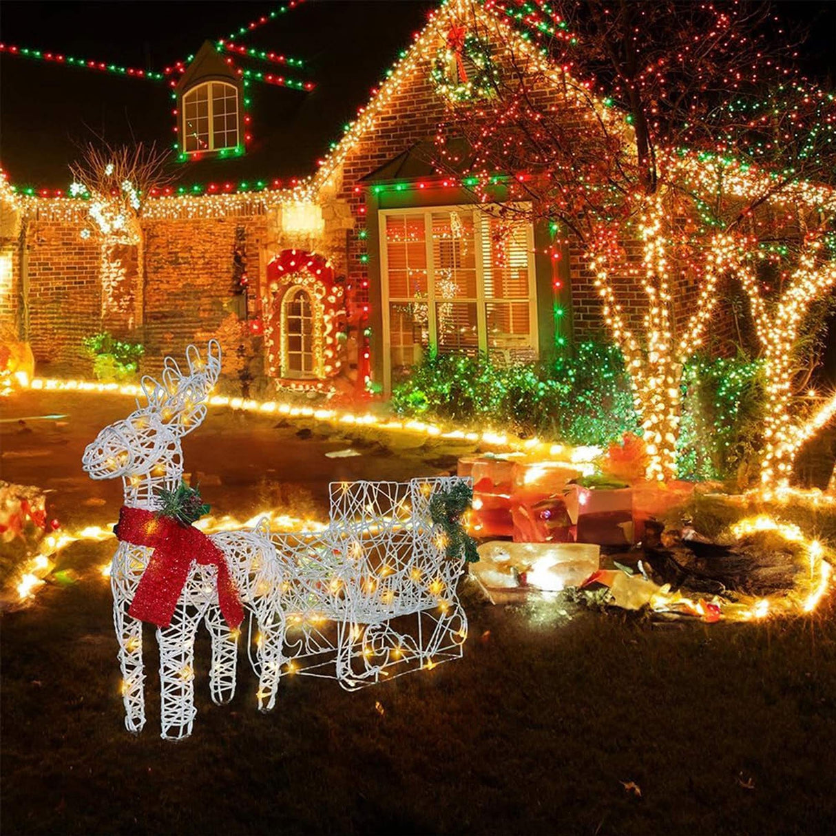 White Lighted Reindeer & Sleigh Outdoor Christmas Yard Decoration