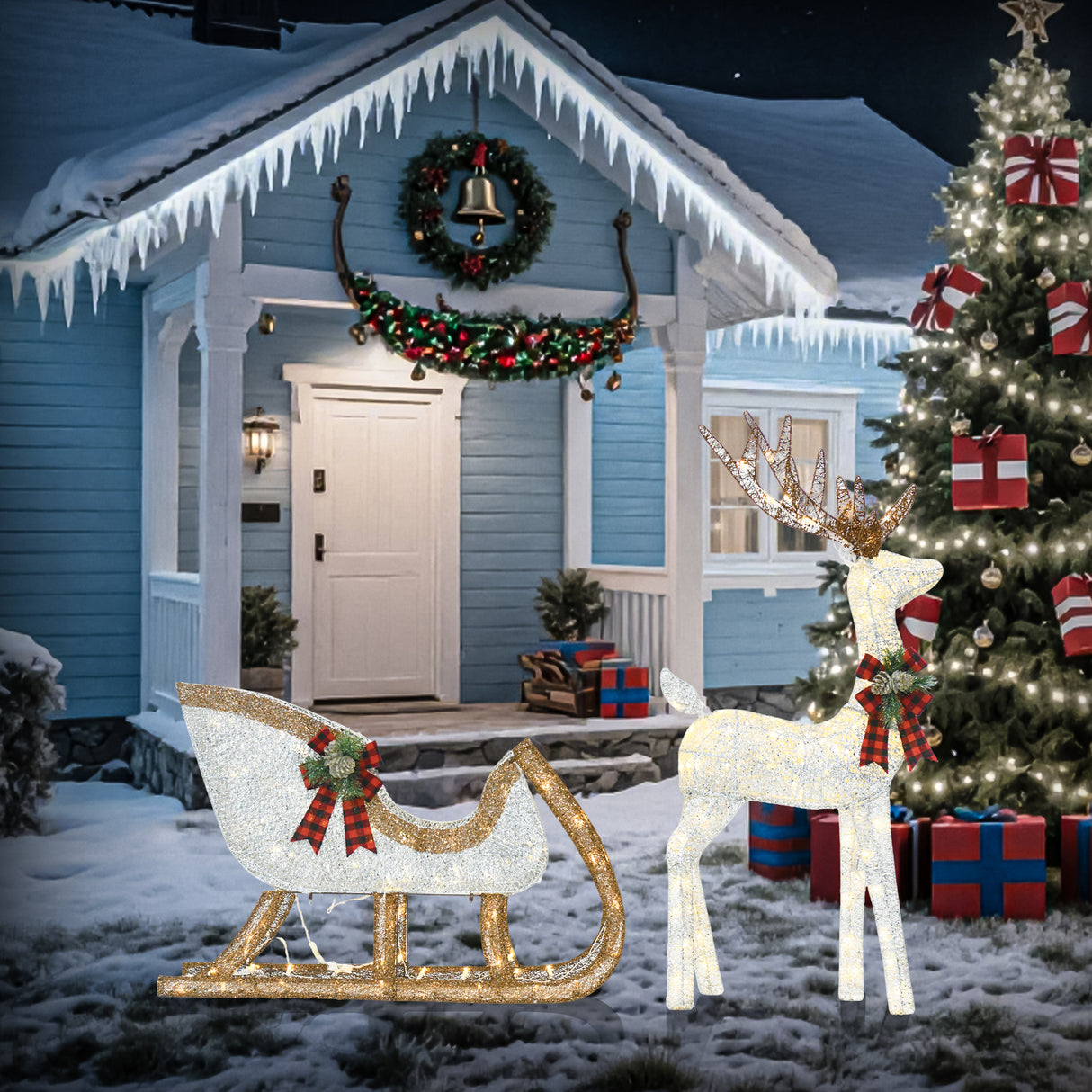 48 Inch H Reindeer and 38 Inch L Sleigh Set White LED Christmas Outdoor Decoration