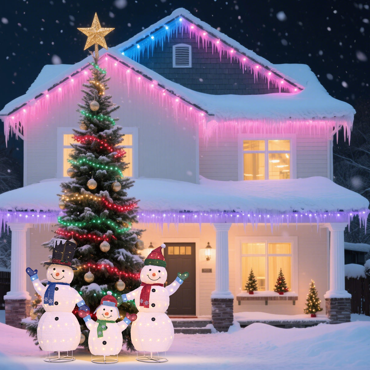 White Plush Lantern Set of 3 Snowmen, Warm White LED Lights, Indoor/Outdoor Holiday Décor 62" 60" 35"