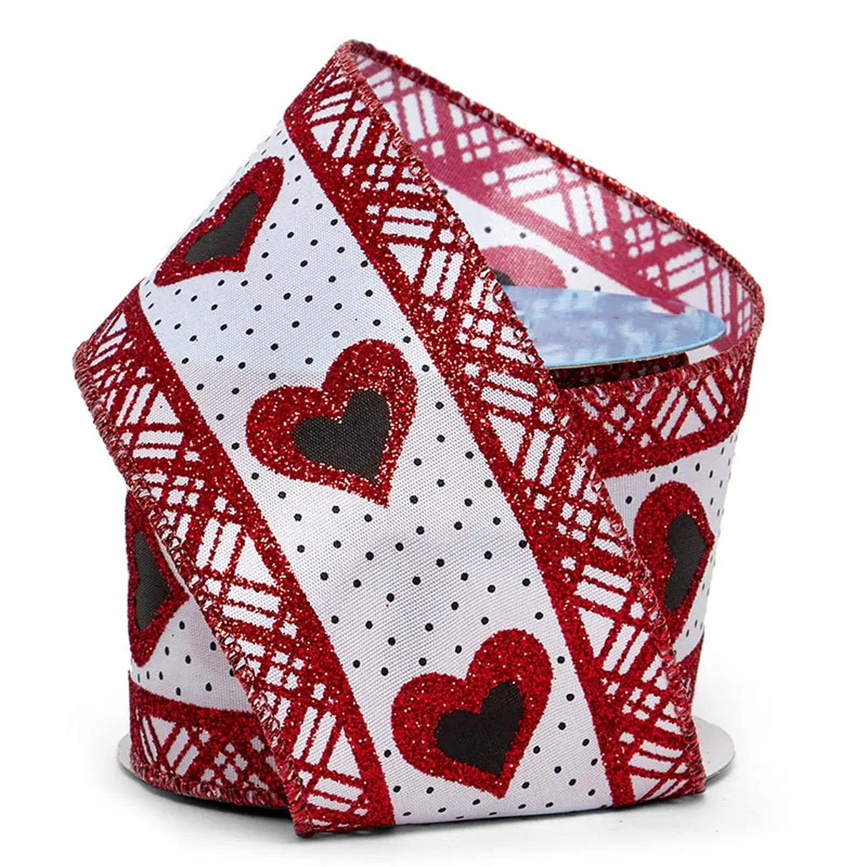 Glitter Hearts & Dots On Wired Ribbon 2 1/2 '' x 10 yd Red / White Glitter Color 1 / ROLL