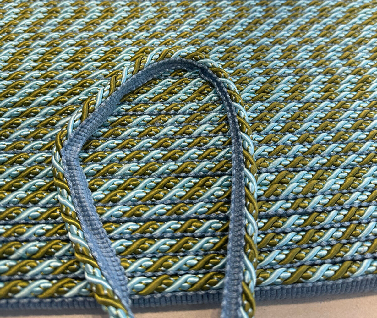 Light Blue With Olive Green Trim Rope With Gimp Polyester Fabric - Light Blue, Olive Green, Gimp Trim, 2 CM Width (1 Yard)