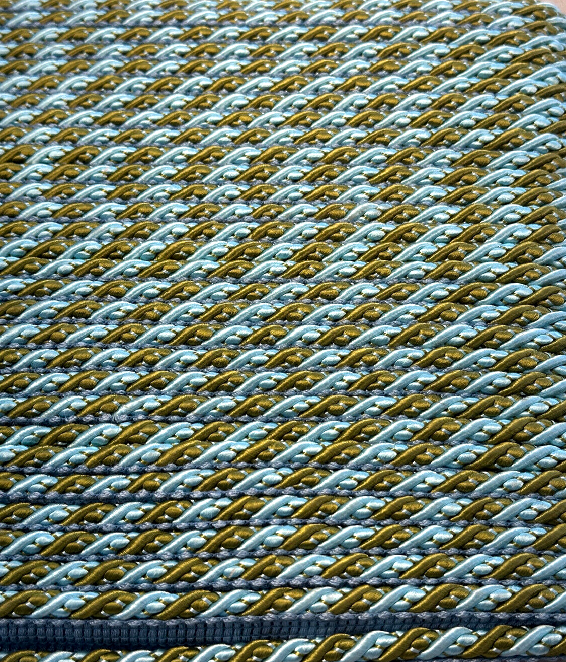 Light Blue With Olive Green Trim Rope With Gimp Polyester Fabric - Light Blue, Olive Green, Gimp Trim, 2 CM Width (1 Yard)
