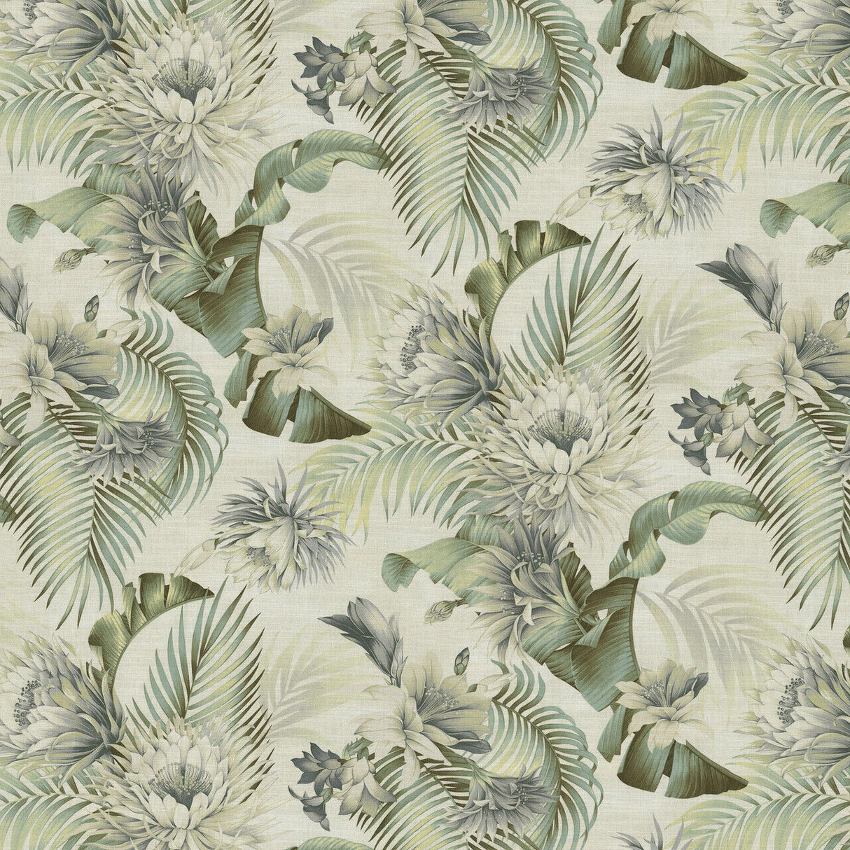 Harbor Island White Smoke Cotton Fabric - White Smoke Floral Botanical Tropical Leaves, 54" Width (1 Yard)