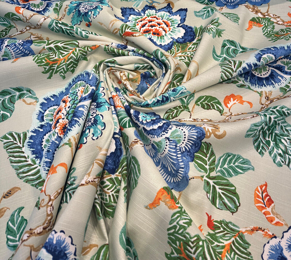 Summer Palace Cotton Fabric - Matcha Green Floral Bird Print, 54/55" Width, 27" Horizontal Repeat, 25.25" Vertical Repeat (1 Yard)