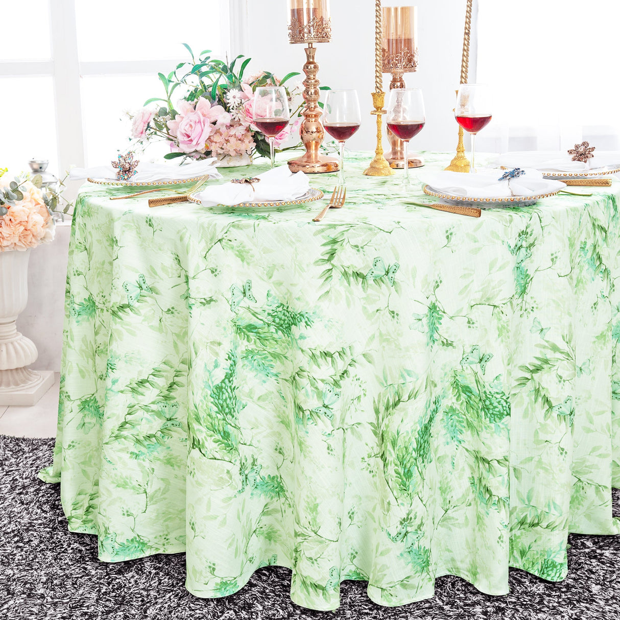 Round Faux Linen Tablecloth 132" Verdure