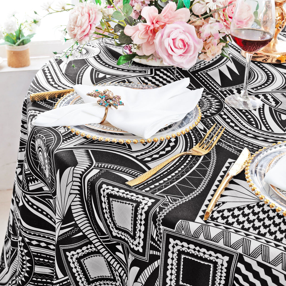 Round Faux Linen Tablecloth 120" Fractal