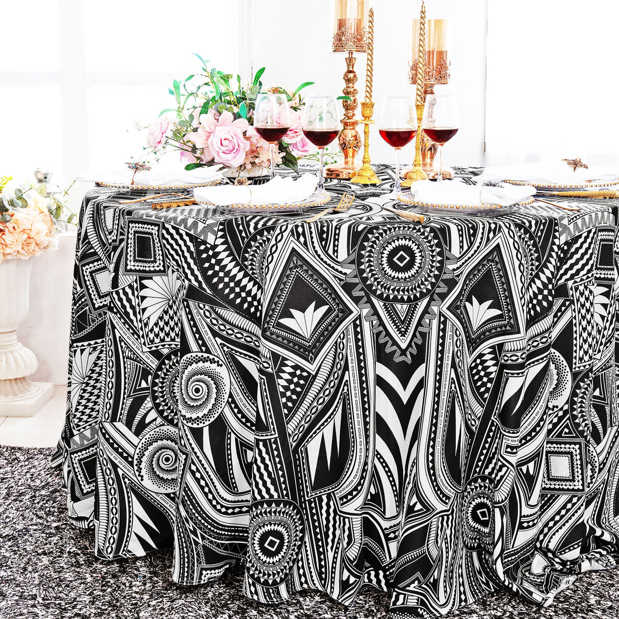 Round Faux Linen Tablecloth 120" Fractal