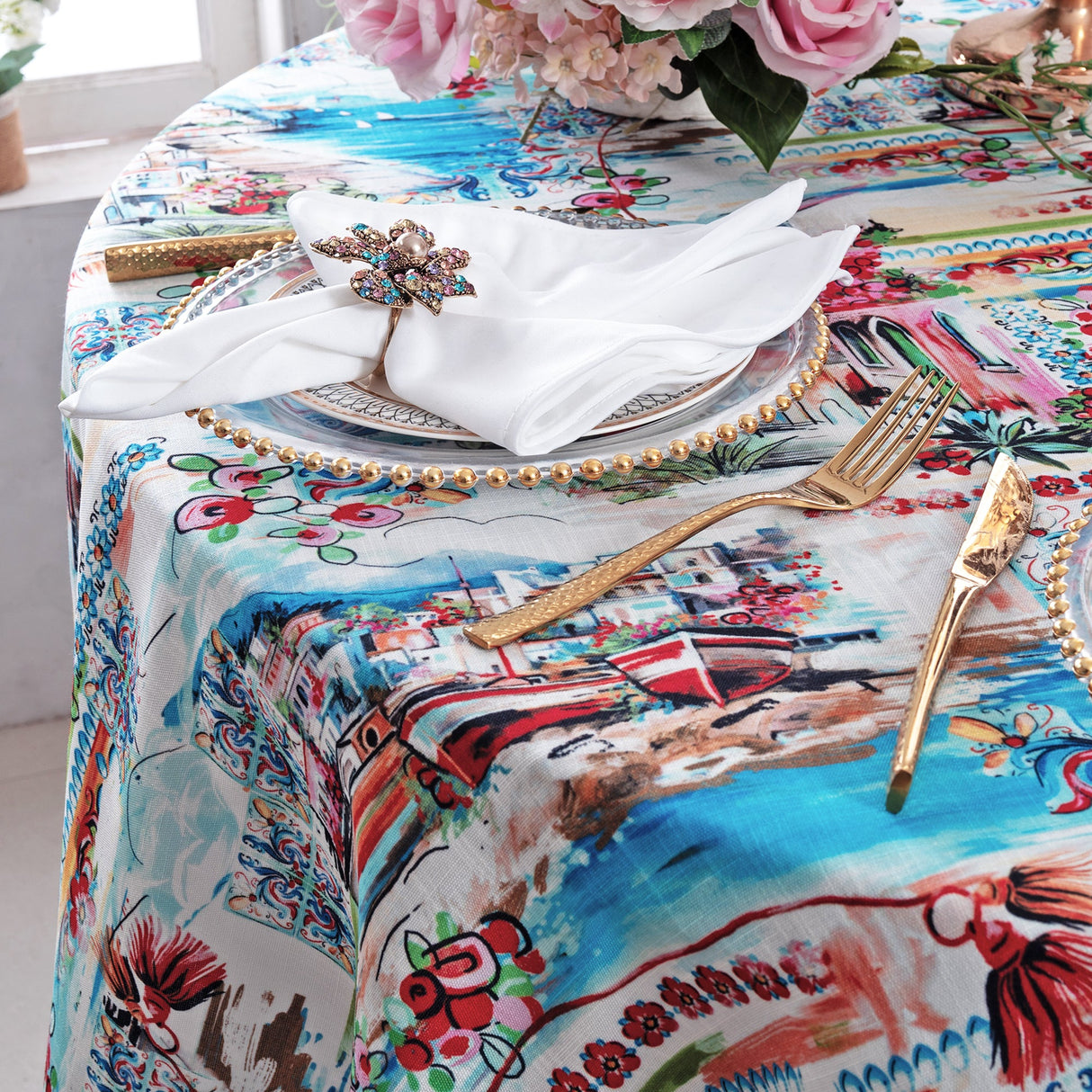 Round Faux Linen Tablecloth 132 Tuscany