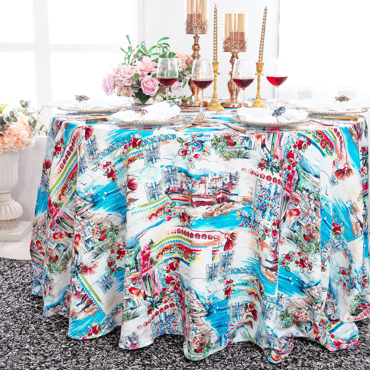 Round Faux Linen Tablecloth 120 Tuscany