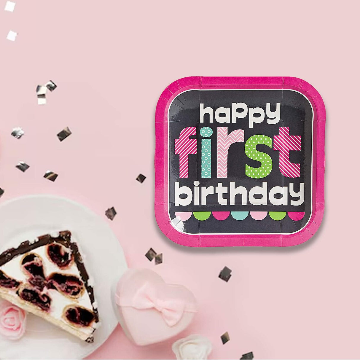 8 Ct. 7" Pink Chalkboard 1st Birthday Dessert Plates Square