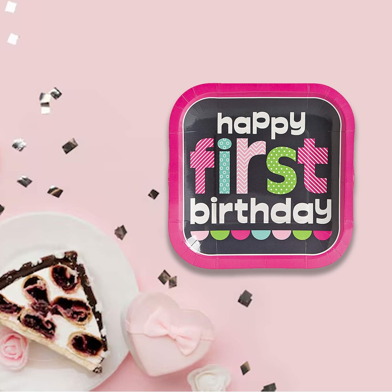 8 Ct. 7" Pink Chalkboard 1st Birthday Dessert Plates Square