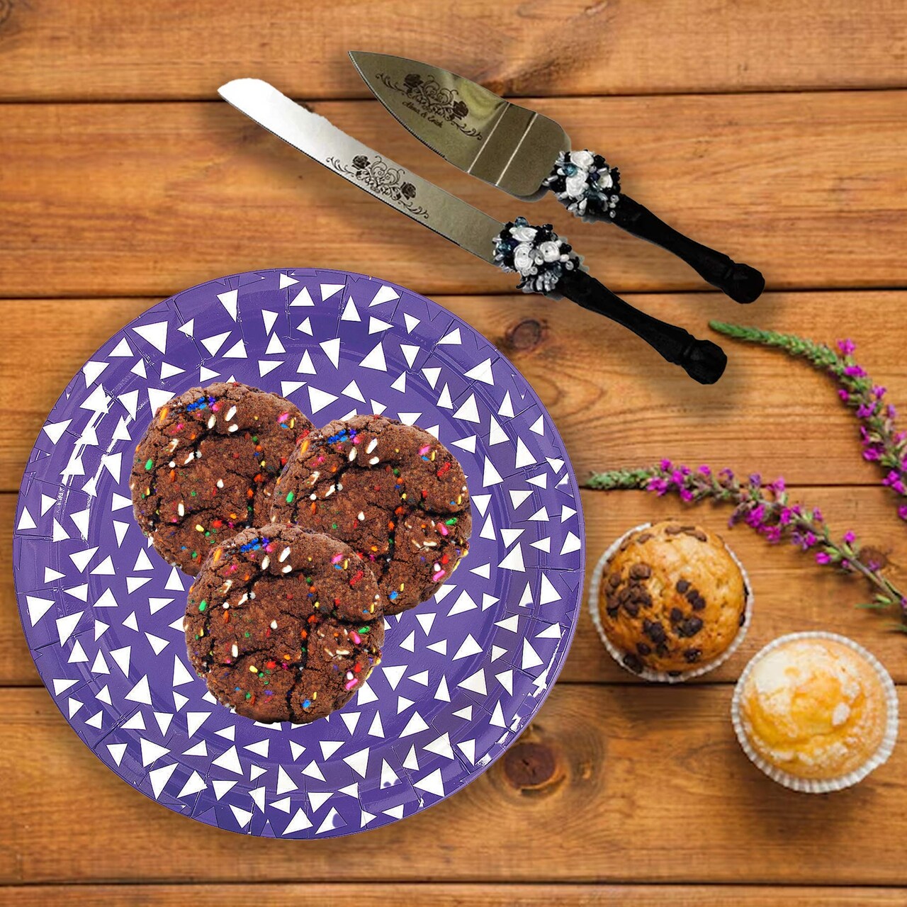 8 Ct. 9" Purple Terrazzo Triangle Print Round Paper Dinner Plates