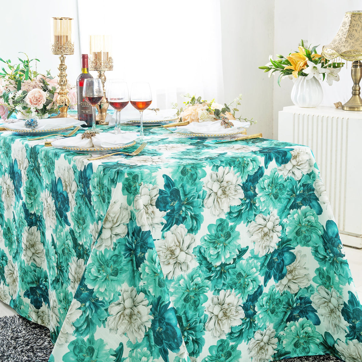 Rectangular Faux Linen Tablecloth 90x156 Peony