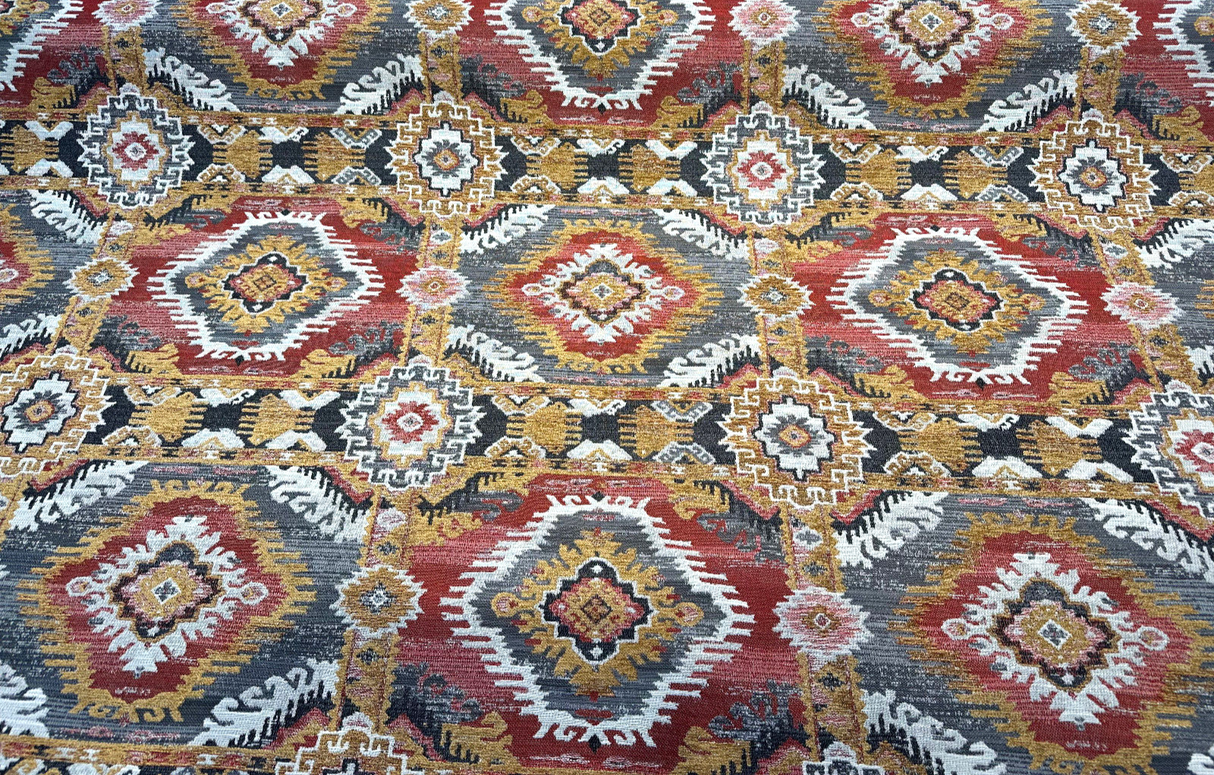Bosa Arizona Southwest Chenille Fabric - Rustic Red, Charcoal Grey, Earthy Brown, Ivory, Hints Of Gold, 56" Width (1 Yard)