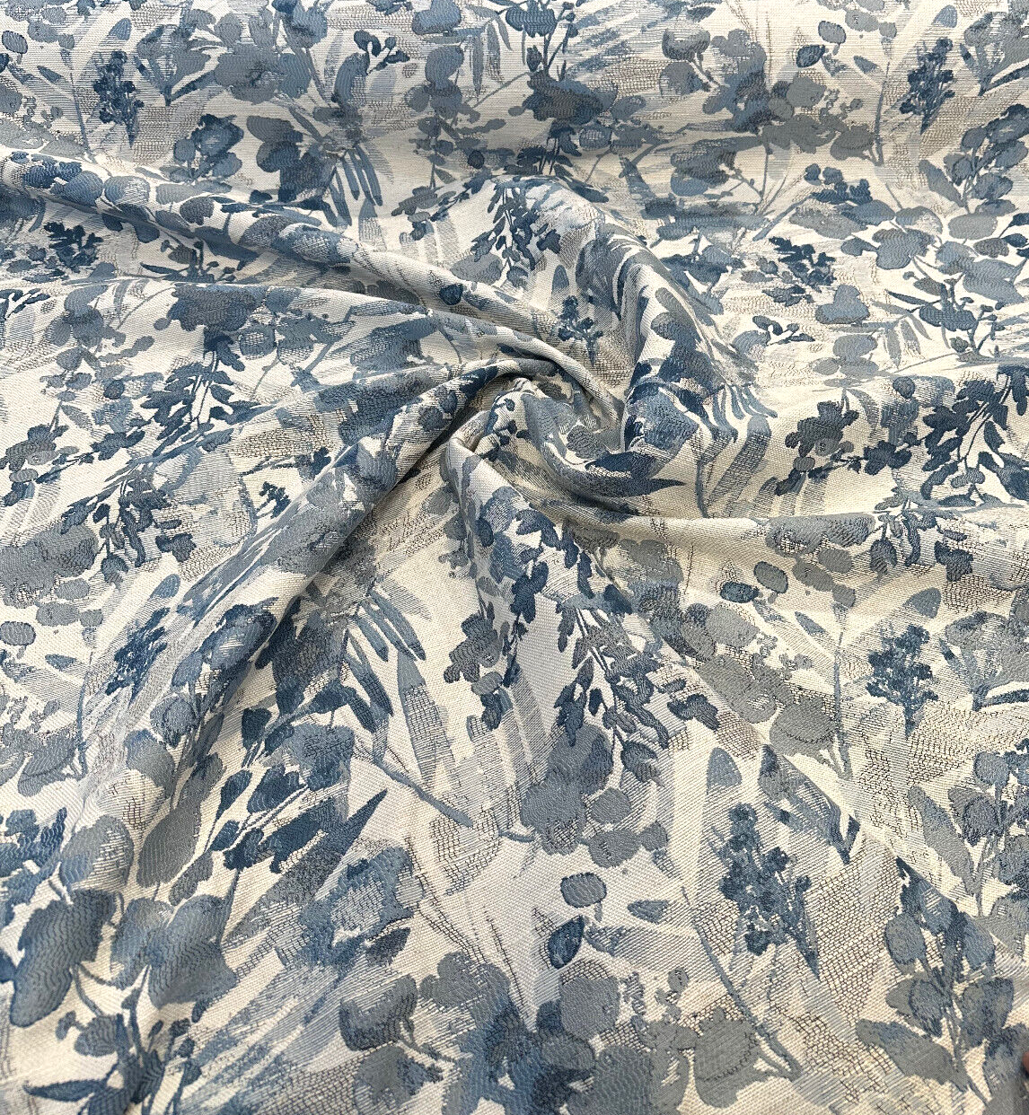 Tacino Blue Lake Polyester Linen Rayon Fabric - Blue Lake Leaves Branches, 27" Horizontal Repeat, 23" Vertical Repeat (1 Yard)