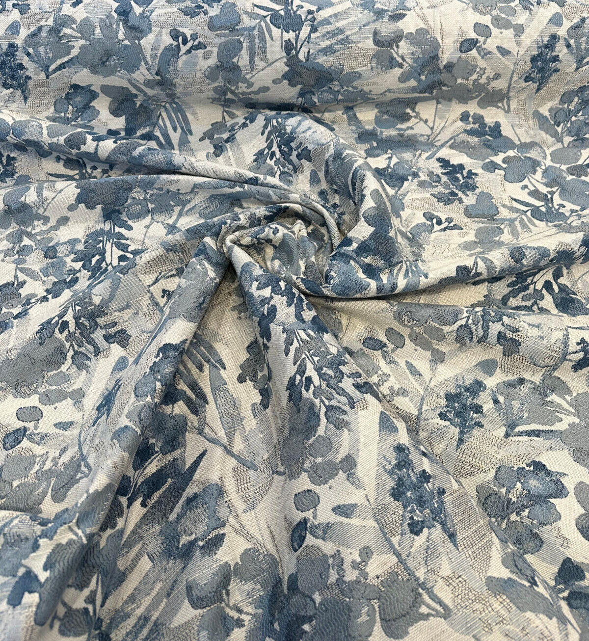 Tacino Blue Lake Polyester Linen Rayon Fabric - Blue Lake Leaves Branches, 27" Horizontal Repeat, 23" Vertical Repeat (1 Yard)