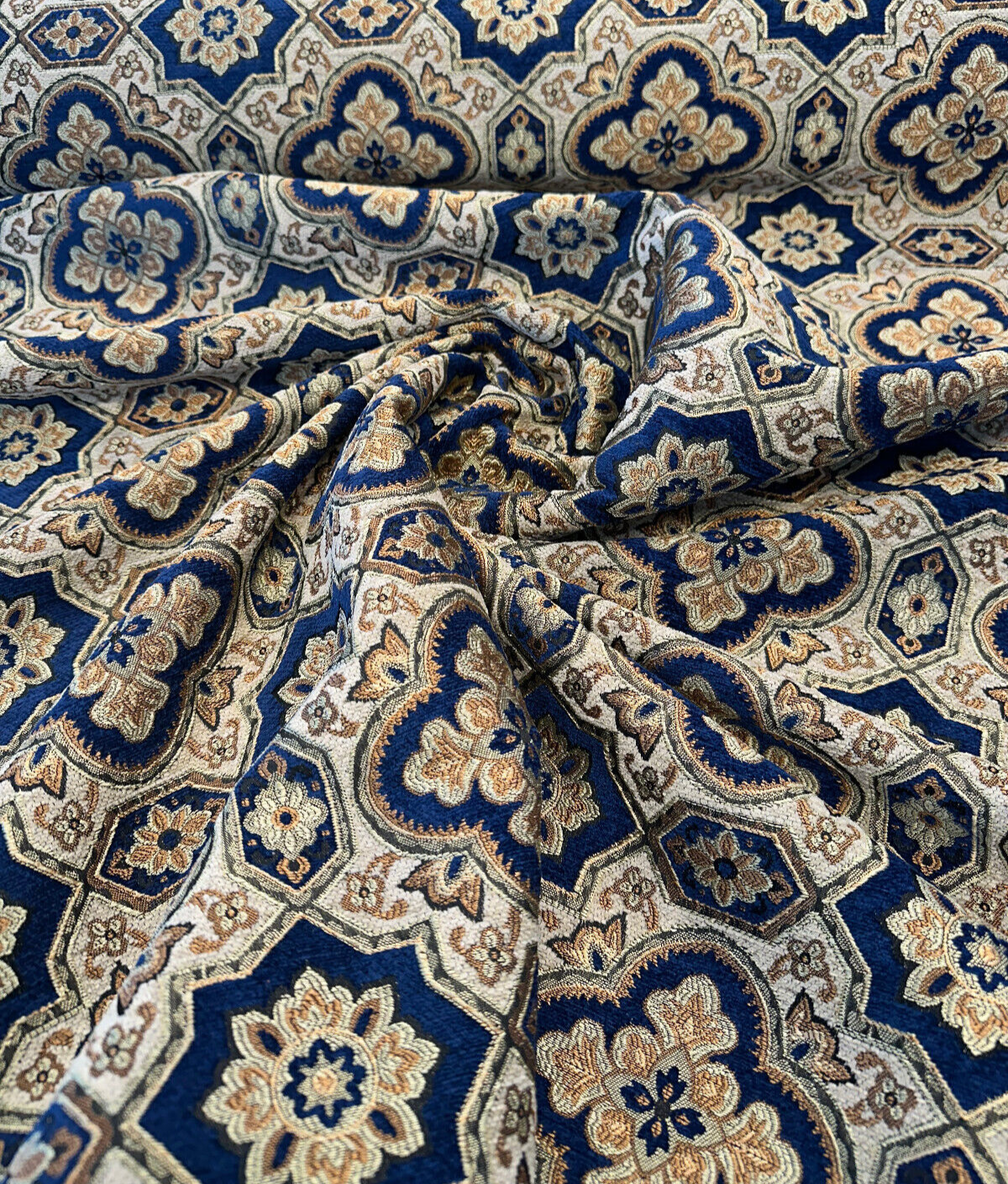 Jardins Chenille Fabric - Sapphire Blue With Gold And Ivory Geometric Diamond Pattern, 54" Width (1 Yard)