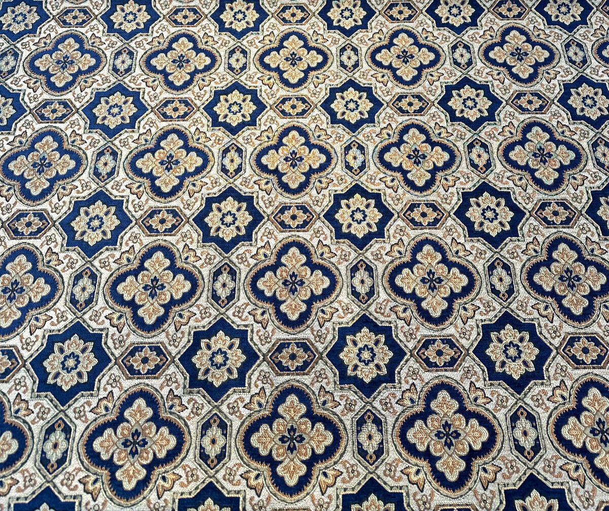 Jardins Chenille Fabric - Sapphire Blue With Gold And Ivory Geometric Diamond Pattern, 54" Width (1 Yard)