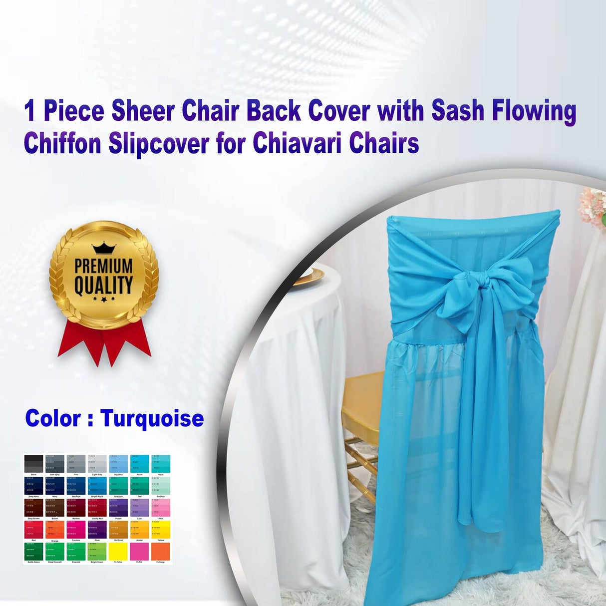 1 Piece Turquoise Sheer Chair Back Cover with Sash Flowing Chiffon Slipcover for Chiavari Chairs