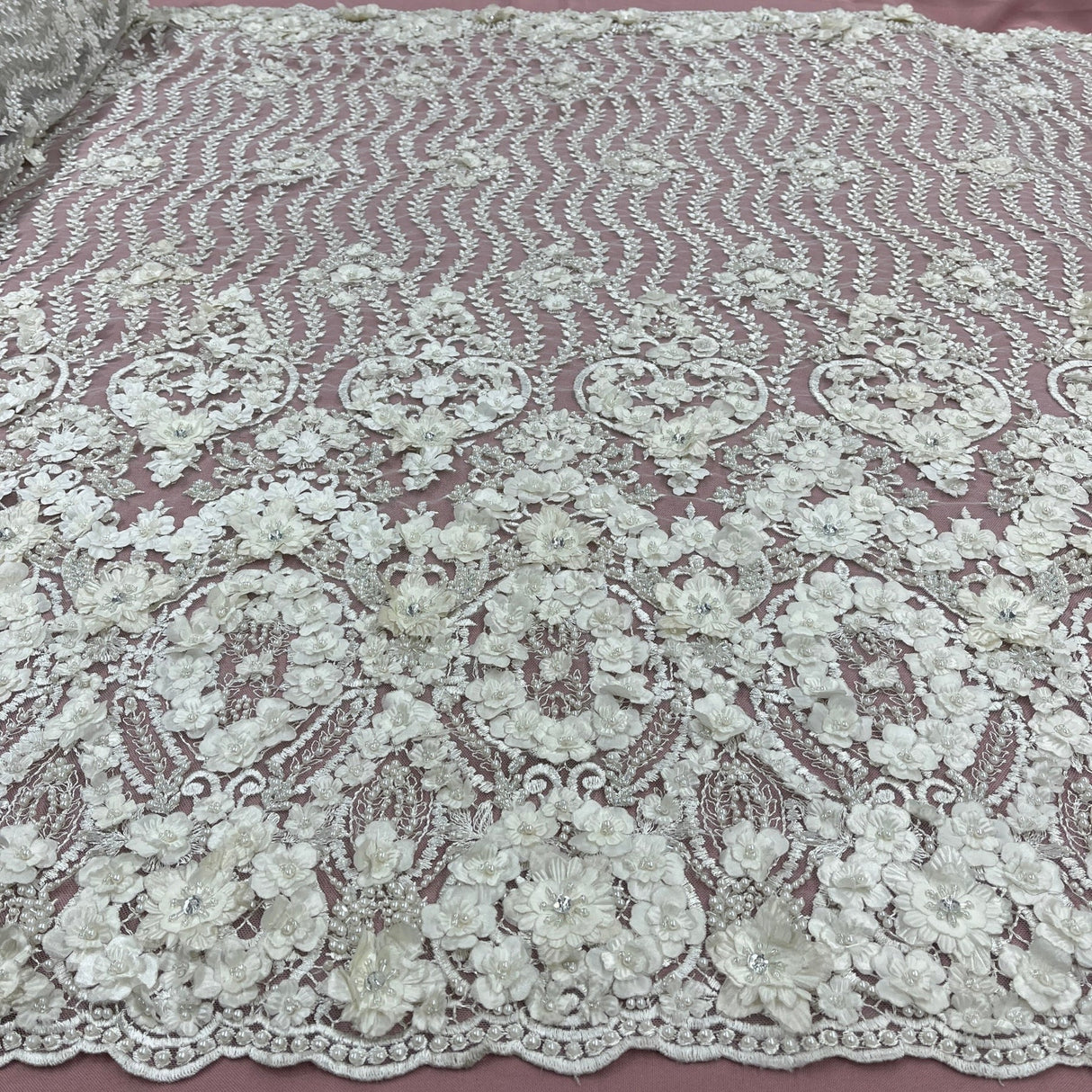 1 Yard Beaded 3D Floral Lace Fabric Embroidered 100 Percent Polyester Net Mesh 48 inch Width