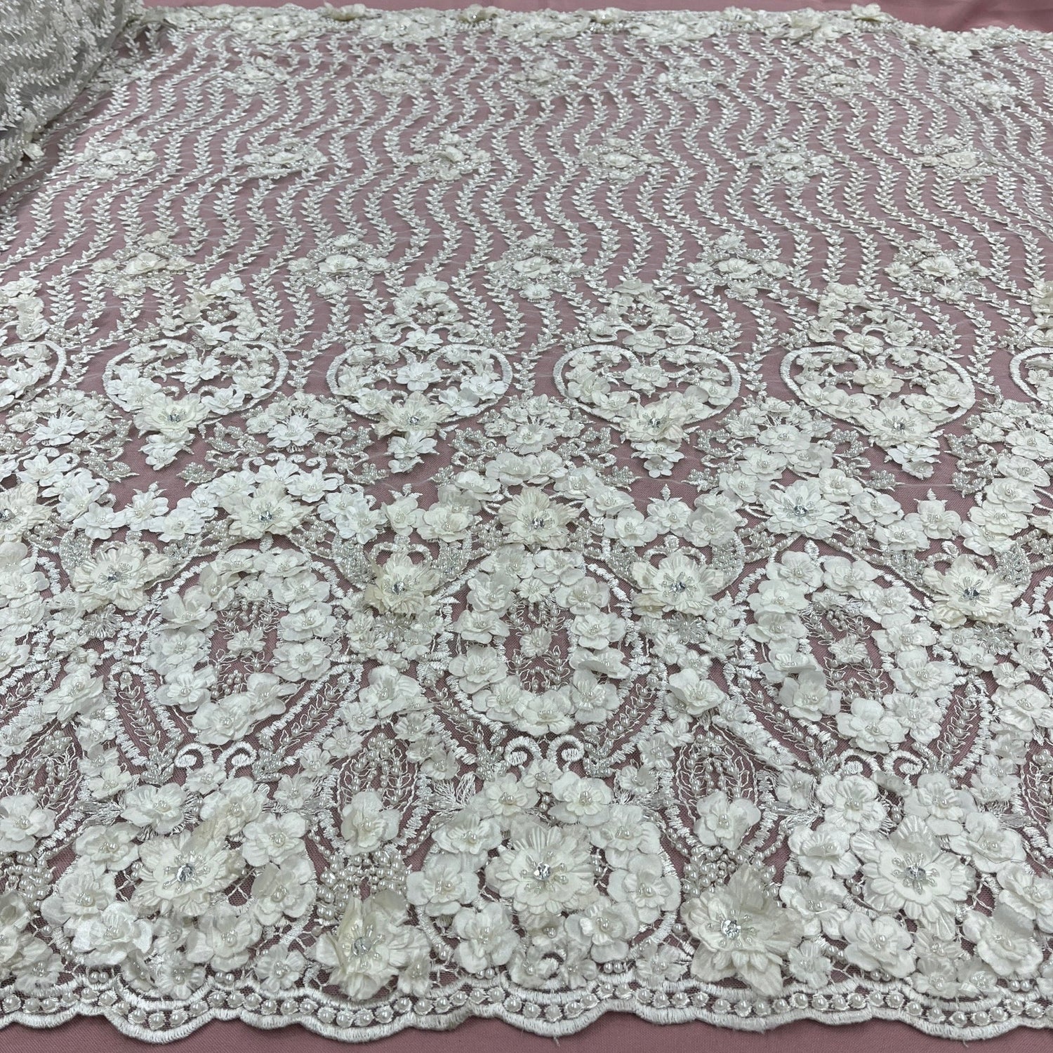 1 Yard Beaded 3D Floral Lace Fabric Embroidered 100 Percent Polyester Net Mesh 48 inch Width