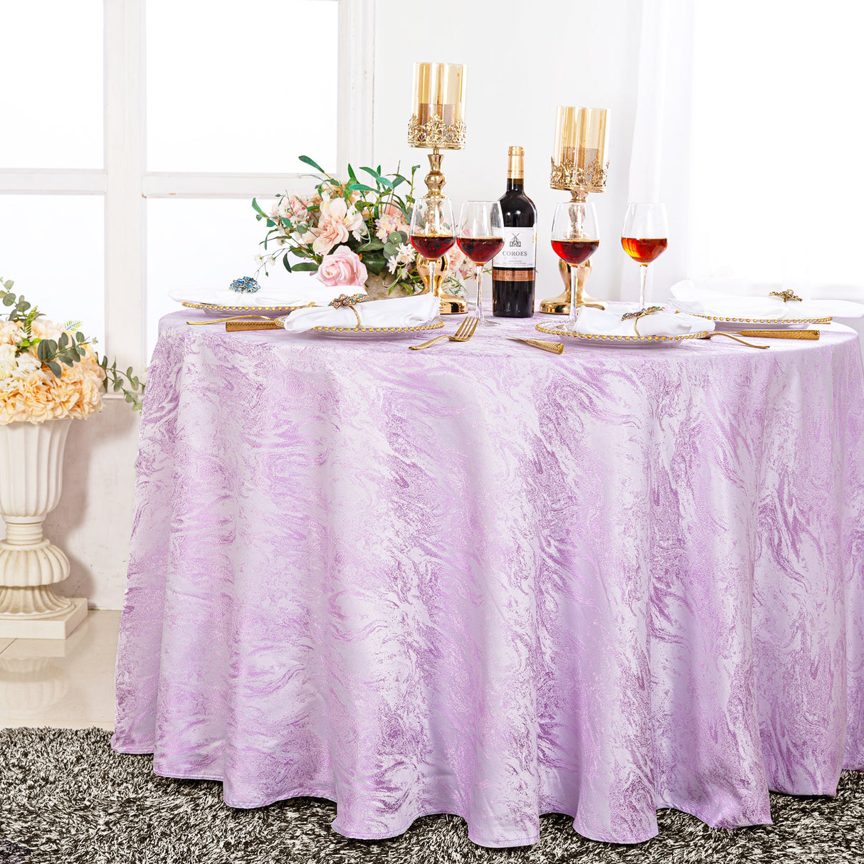 Round Polyester Tablecloth 132" Mirage Jacquard Lavender