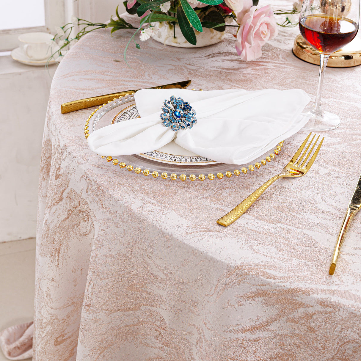 Round Jacquard Polyester Tablecloth 132" Blush Pink/Rose Gold
