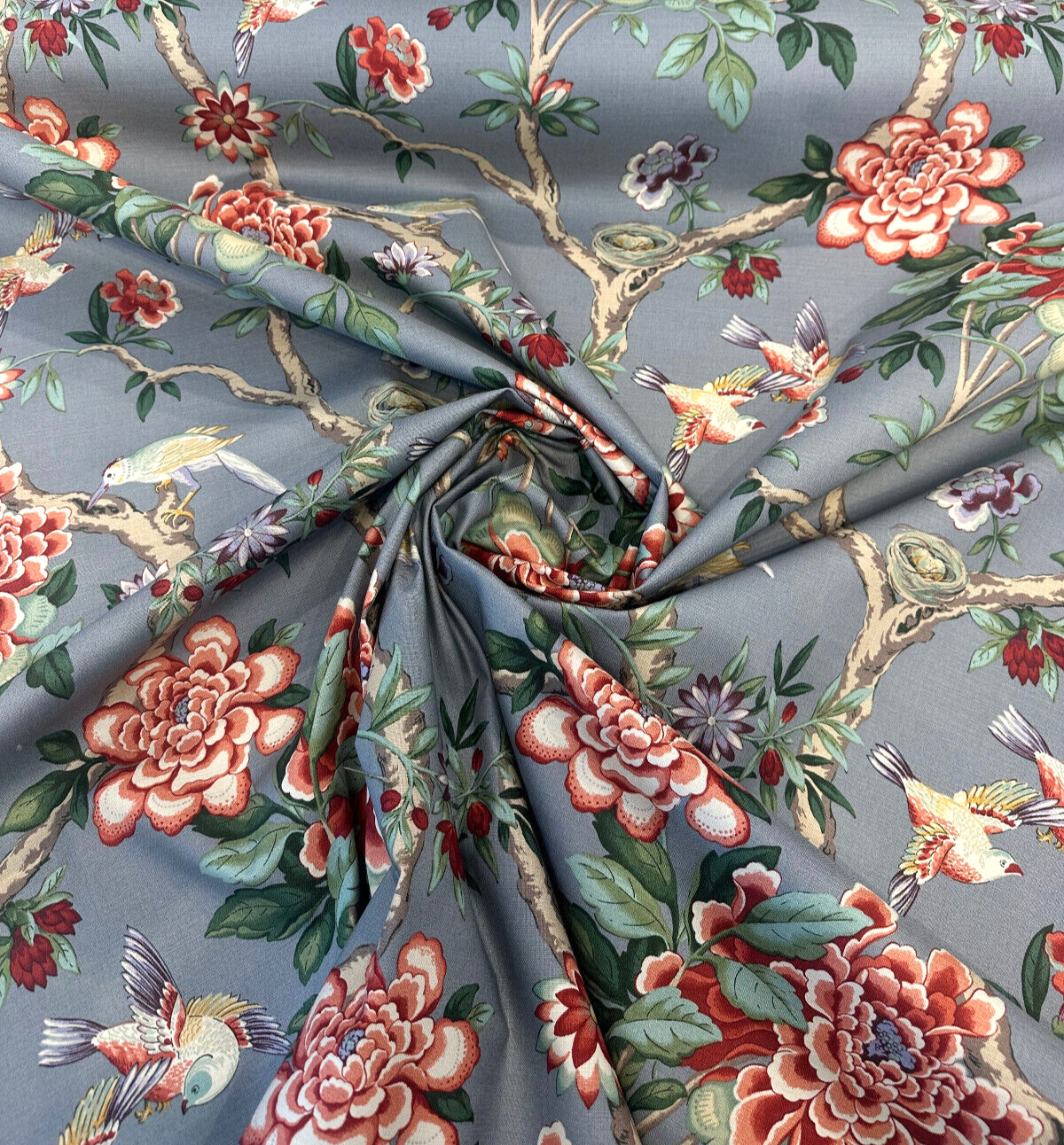 Mudan Tea Berry Cotton Fabric - Floral Birds, Red Pink Green Brown Gray, 54" Width (1 Yard)