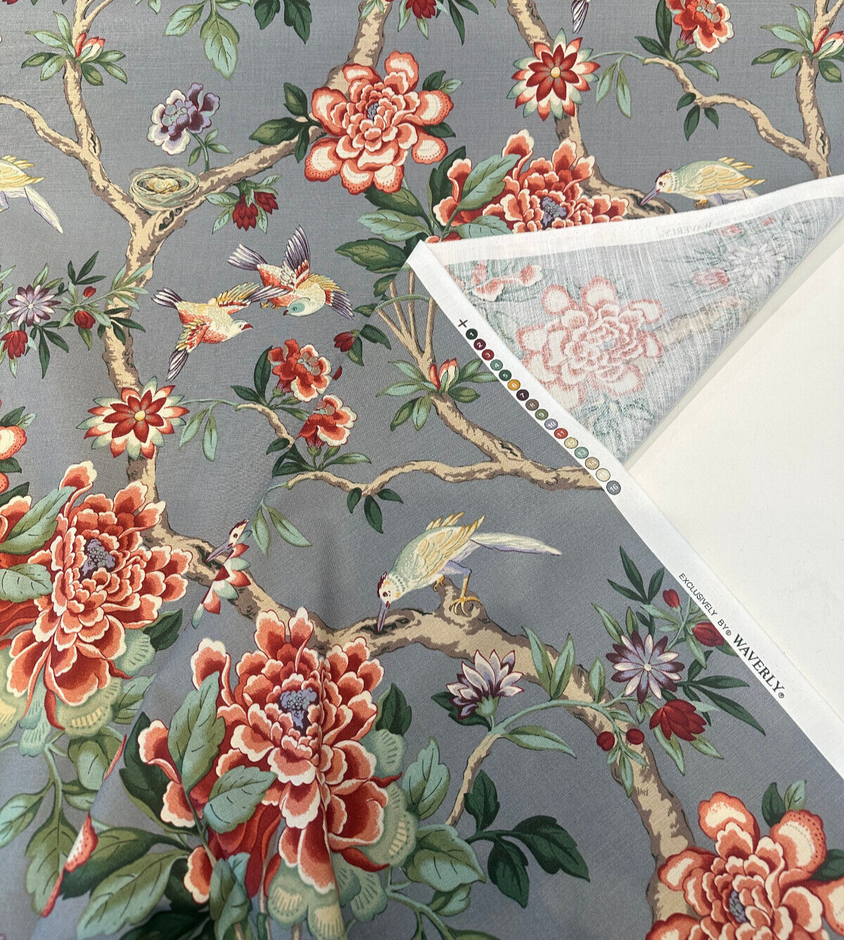 Mudan Tea Berry Cotton Fabric - Floral Birds, Red Pink Green Brown Gray, 54" Width (1 Yard)