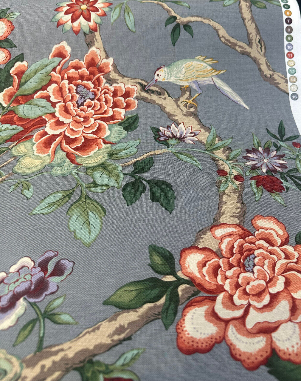 Mudan Tea Berry Cotton Fabric - Floral Birds, Red Pink Green Brown Gray, 54" Width (1 Yard)