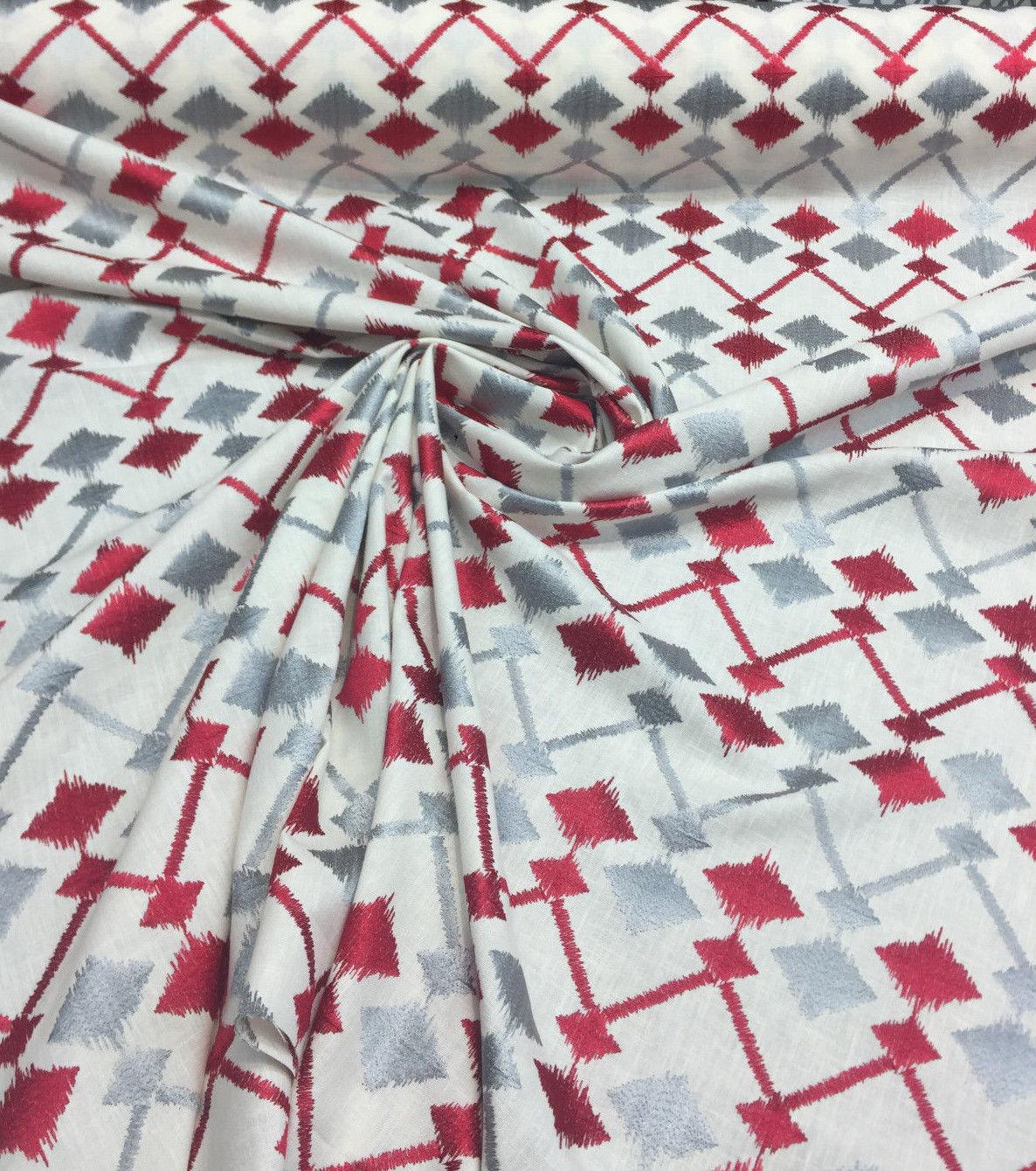 Fruits Of The Gods Poly-Cotton Fabric - Red And Grey Ikat Geometric Pattern, 58" Width (1 Yard)